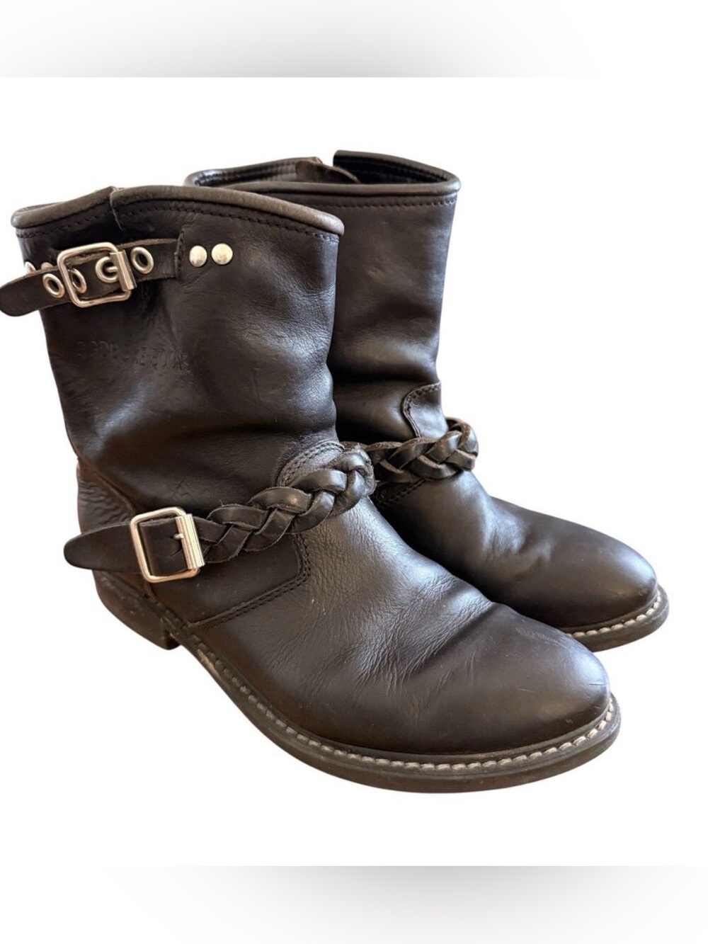 GOLDEN GOOSE Biker Boots Sz 37 Braided Black Leather Buckle Moto Goth Grunge